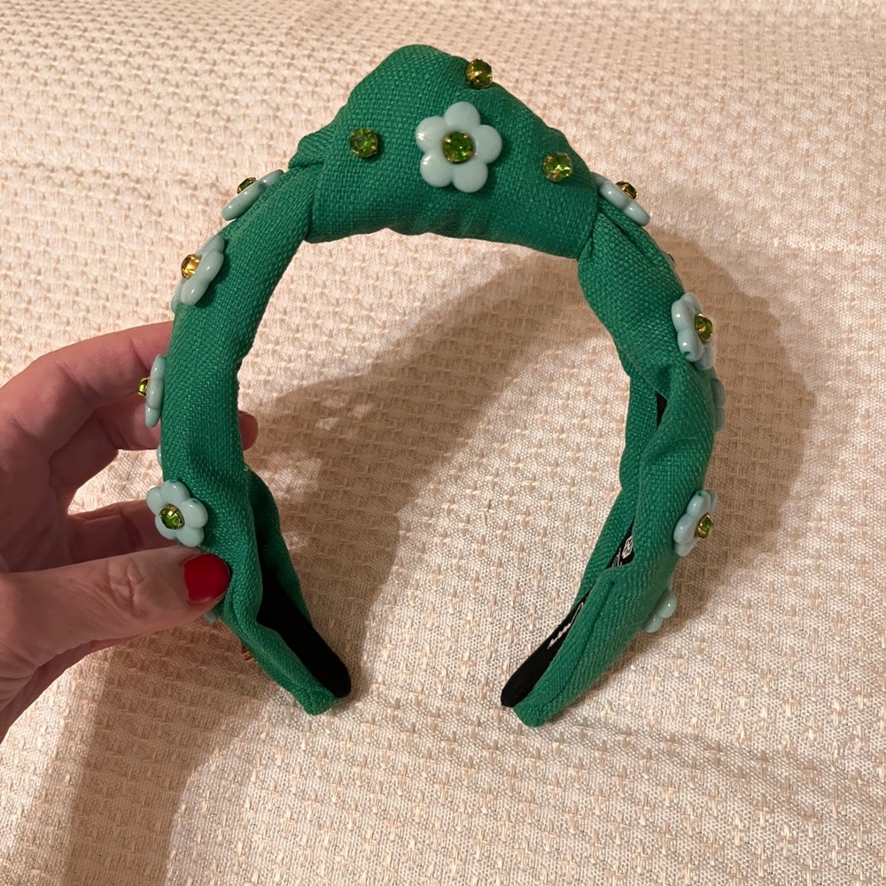 Brianna Cannon Green Floral Embellished Headband with handsewn crystals.